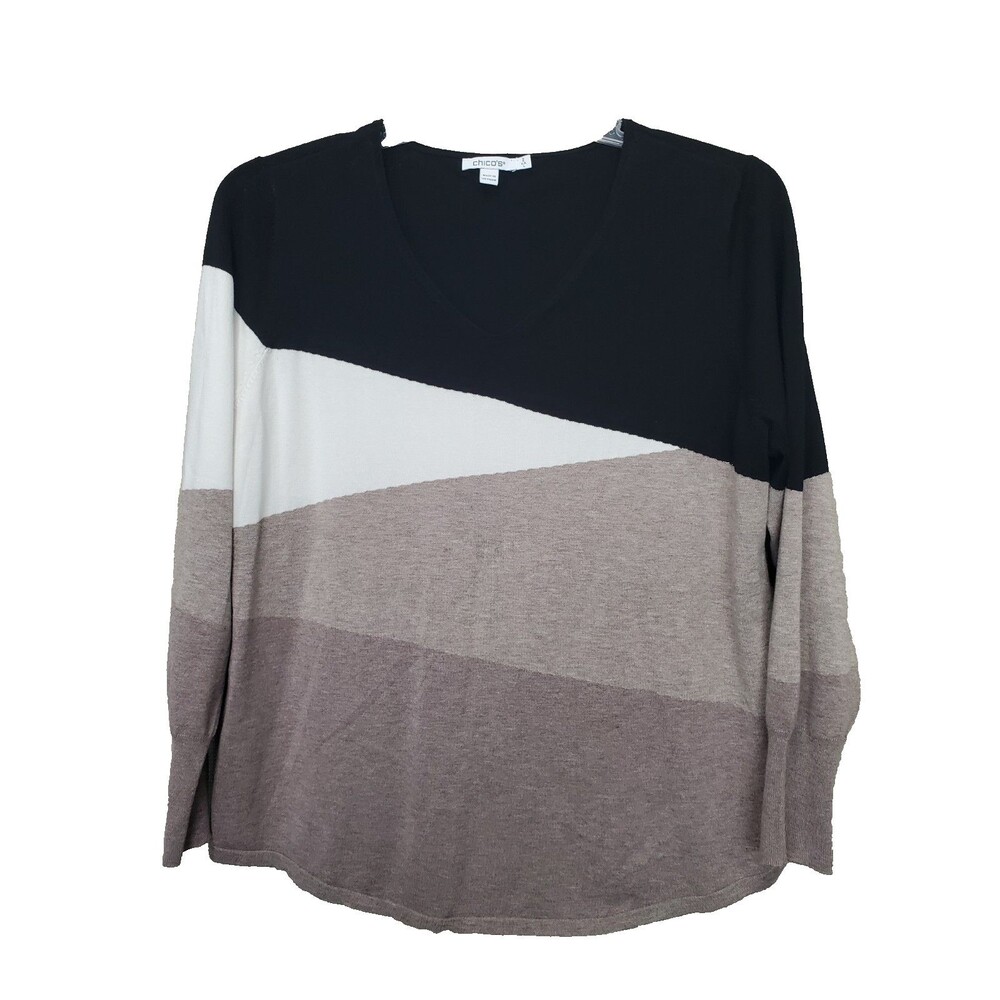 Chico's Spun Rayon Colorblock V-Neck Long Sleeve Pullover Sweater Size 2 Large